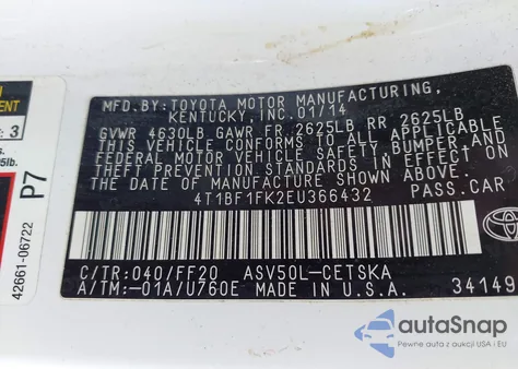 2014 Toyota Camry Se из США, поврежденный, VIN 4T1BF1FK2EU366432